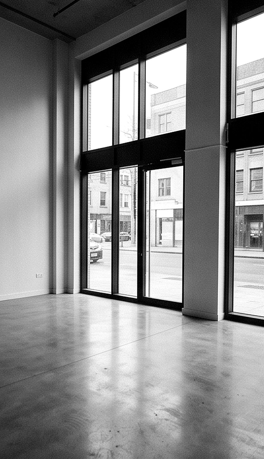 An empty ground-floor retail unit with tall glass frontage and polished concrete floor