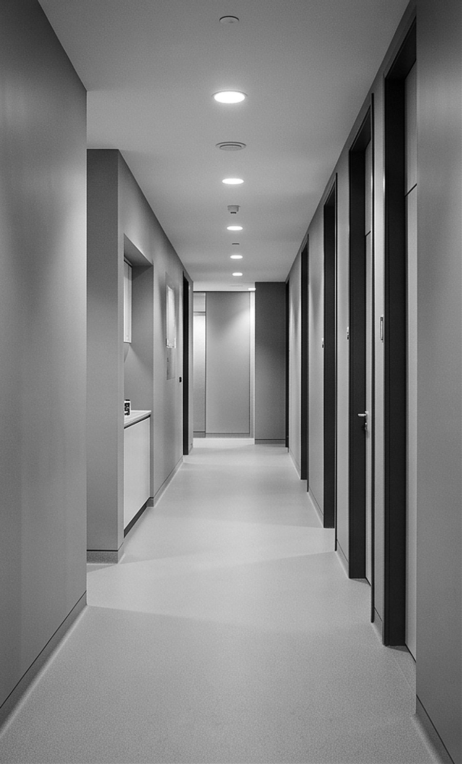 An empty clinic corridor with recessed lighting and doorways in sequence